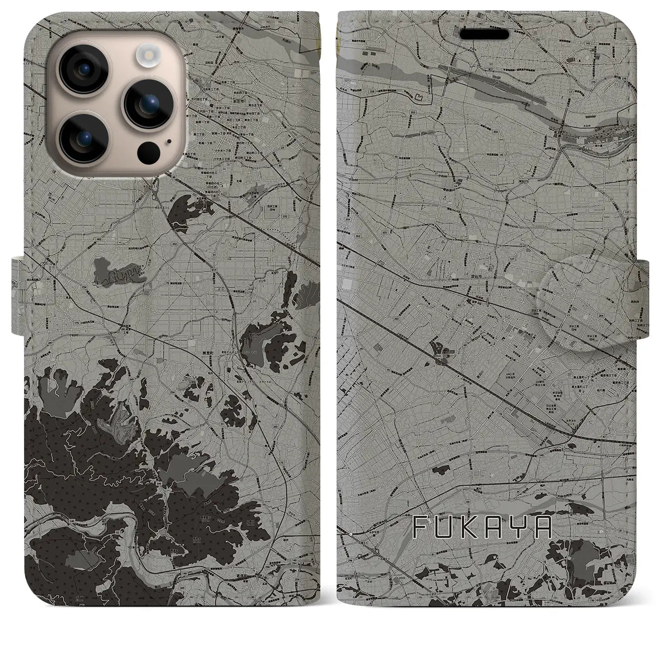 【深谷(埼玉県)】地図柄iPhoneケース(手帳タイプ)モノトーン・iPhone 16 Plus 用
