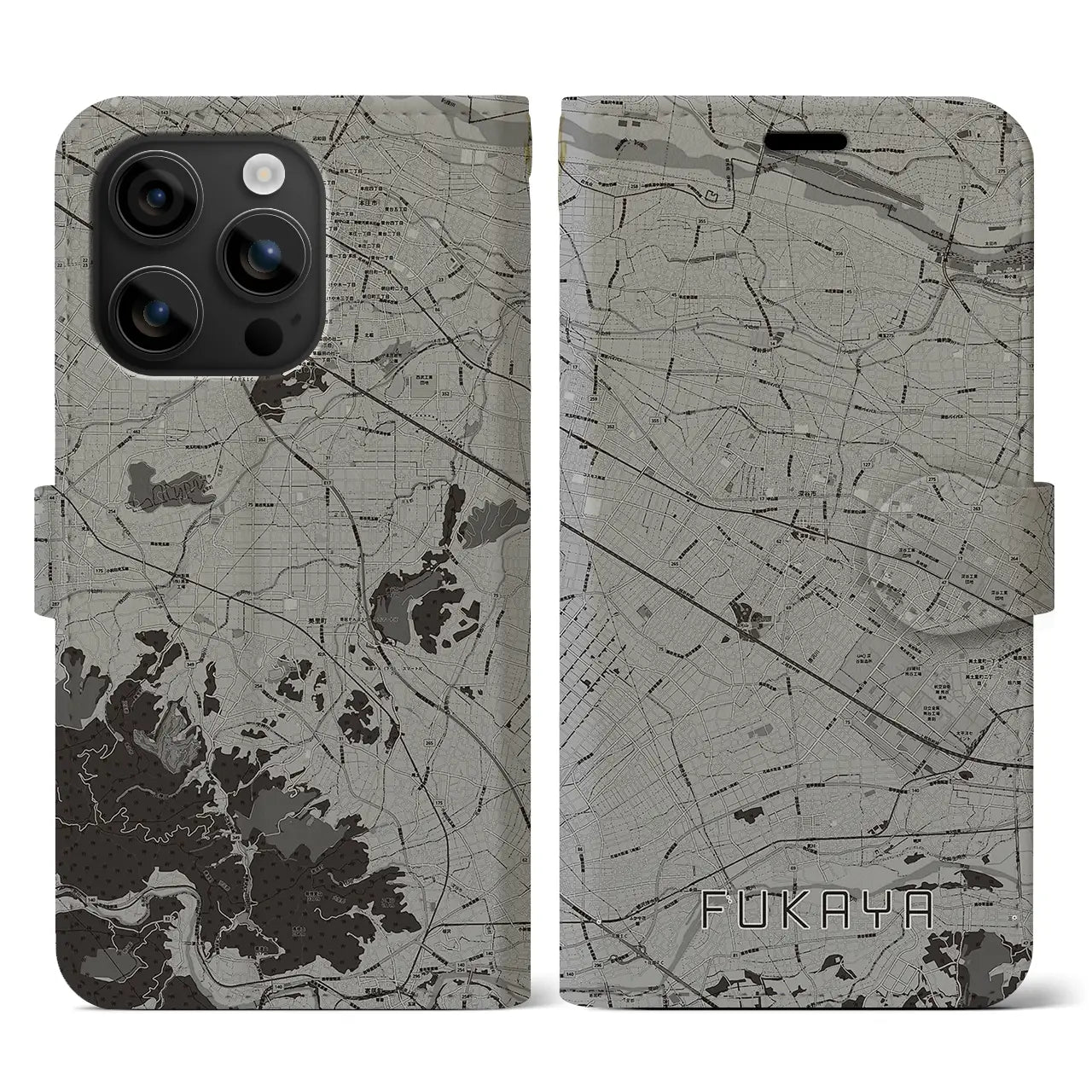 【深谷(埼玉県)】地図柄iPhoneケース(手帳タイプ)モノトーン・iPhone 16 用