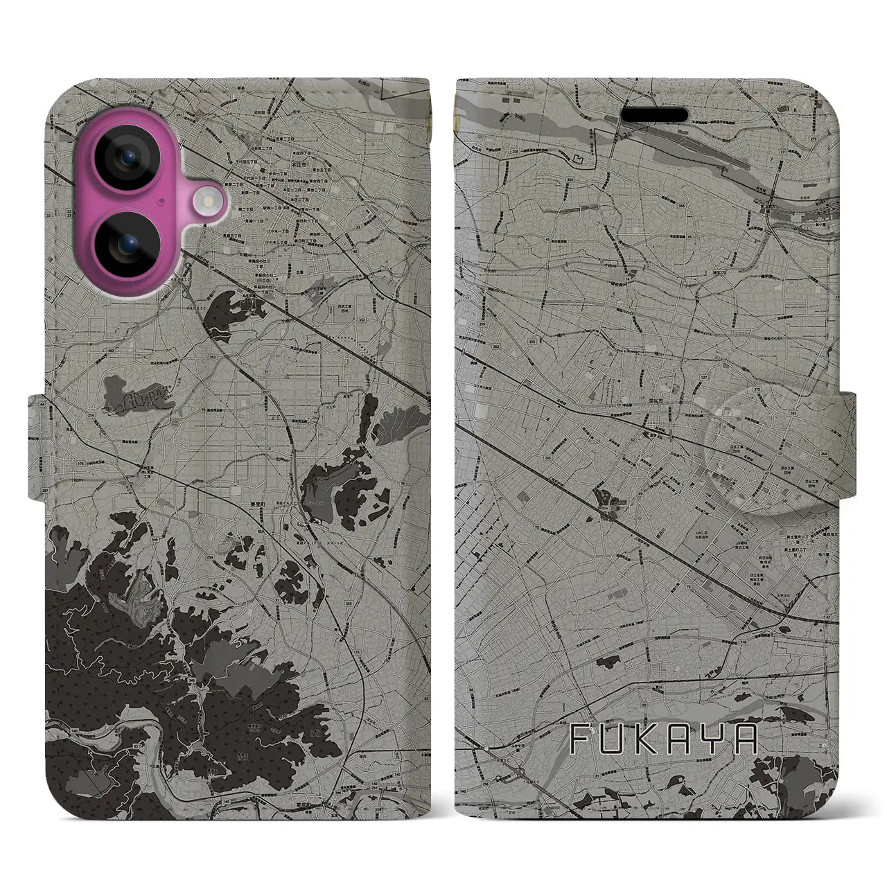 【深谷(埼玉県)】地図柄iPhoneケース(手帳タイプ)モノトーン・iPhone 16 Pro 用