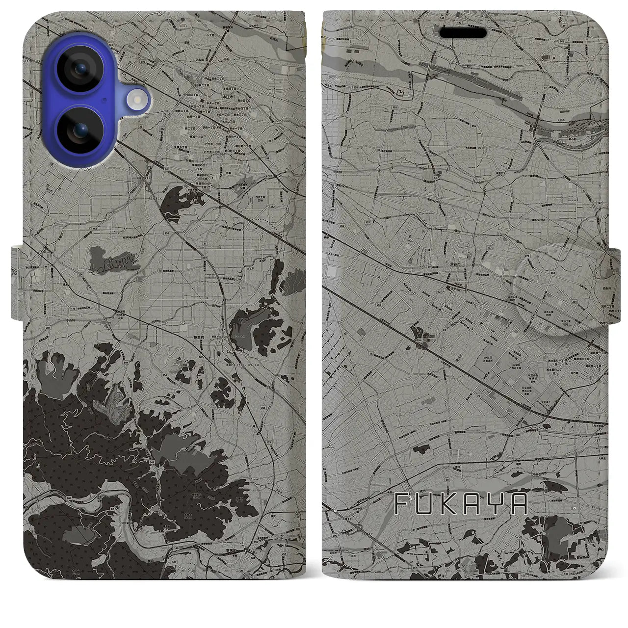【深谷(埼玉県)】地図柄iPhoneケース(手帳タイプ)モノトーン・iPhone 16 Pro Max 用