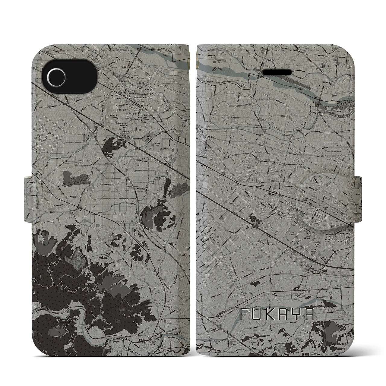 【深谷(埼玉県)】地図柄iPhoneケース(手帳タイプ)モノトーン・iPhone SE(第3 / 第2世代) / 8 / 7 / 6s / 6 用
