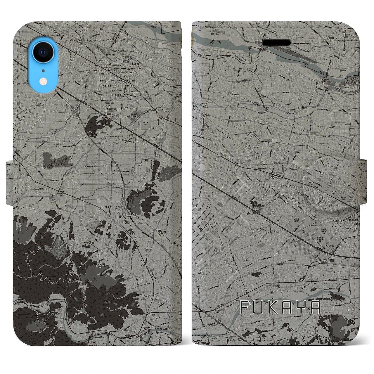 【深谷(埼玉県)】地図柄iPhoneケース(手帳タイプ)モノトーン・iPhone XR 用