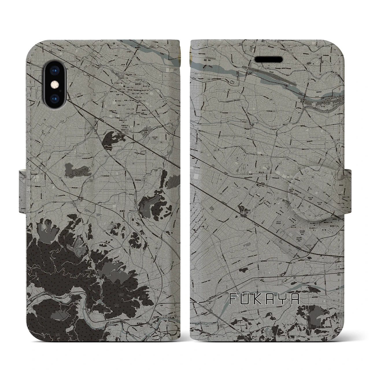 【深谷(埼玉県)】地図柄iPhoneケース(手帳タイプ)モノトーン・iPhone XS / X 用
