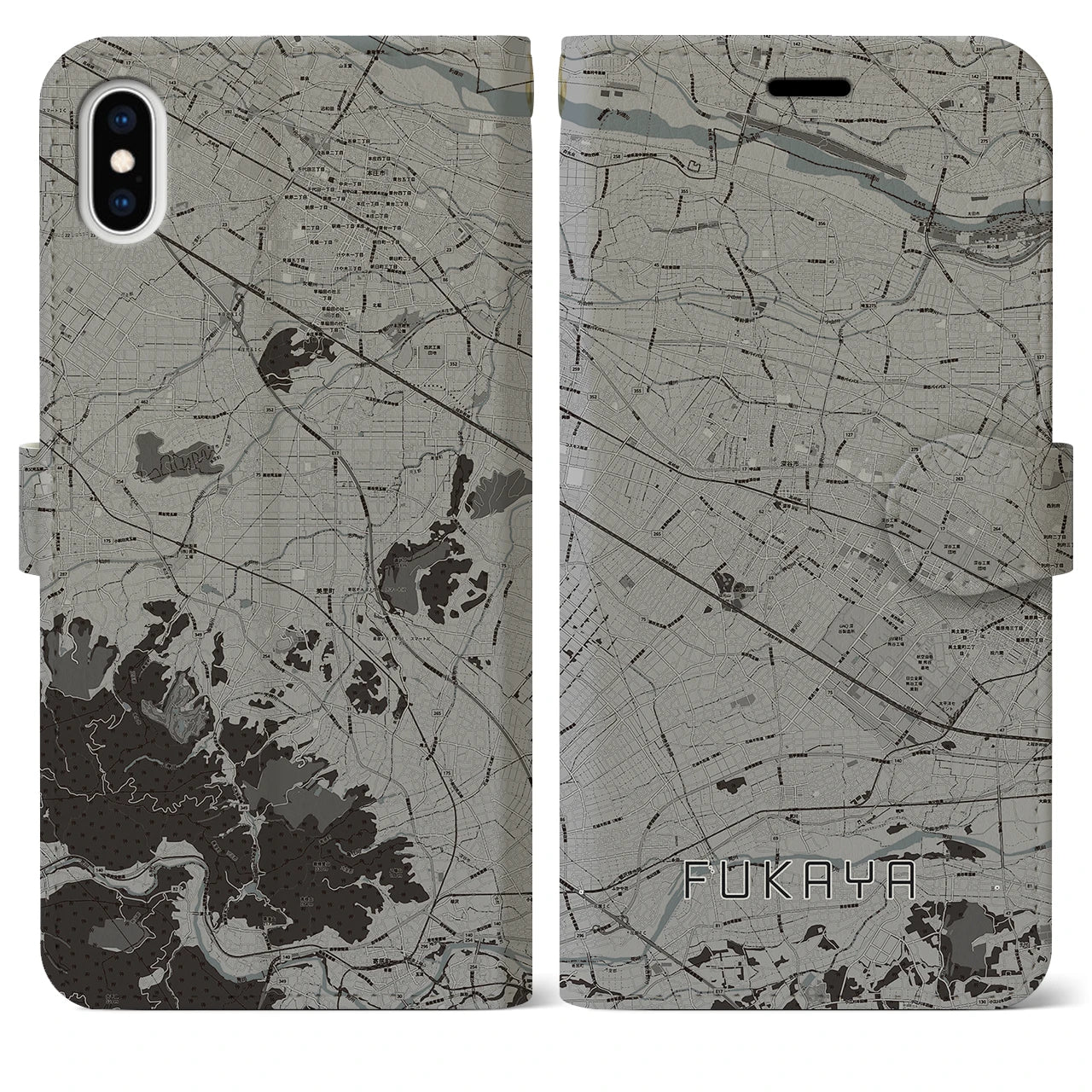 【深谷(埼玉県)】地図柄iPhoneケース(手帳タイプ)モノトーン・iPhone XS Max 用