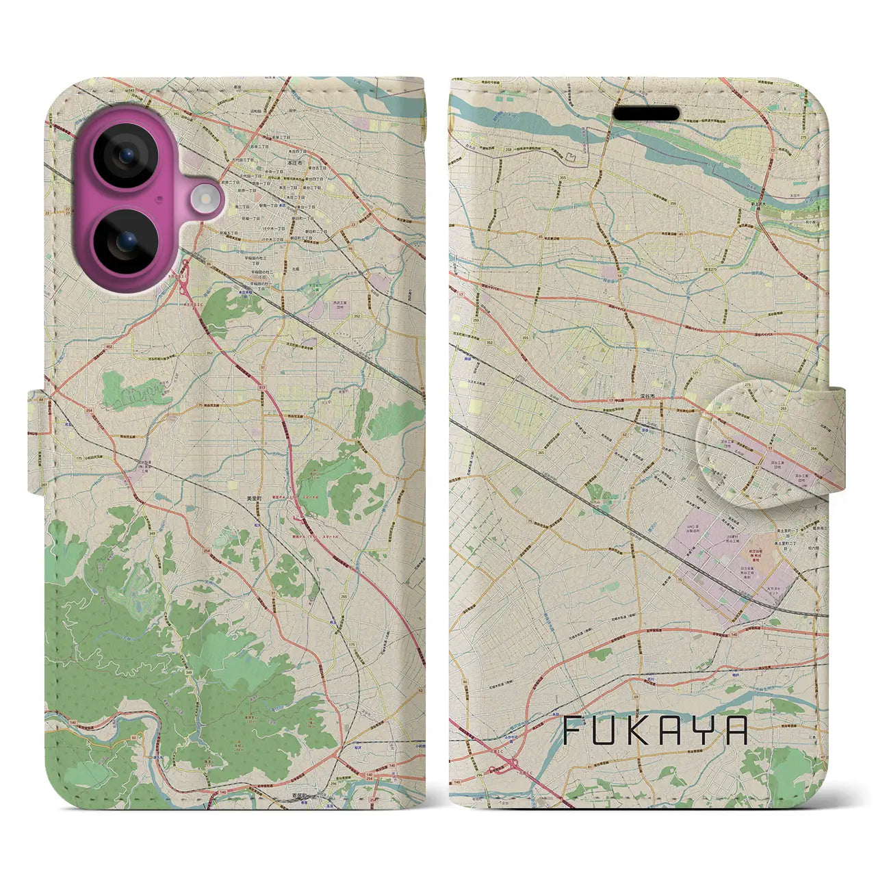 【深谷(埼玉県)】地図柄iPhoneケース(手帳タイプ)ナチュラル・iPhone 16 Pro 用