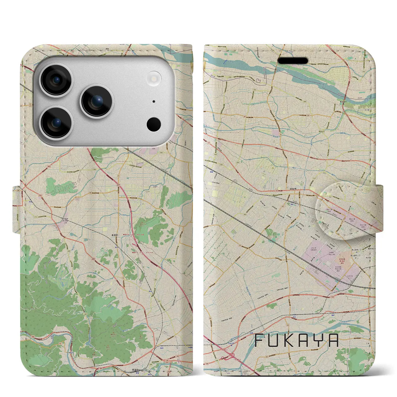 【深谷(埼玉県)】地図柄iPhoneケース(手帳タイプ)モノトーン・iPhone 17 Pro Max 用