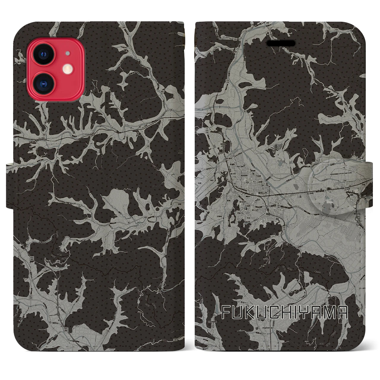 【福知山(京都府)】地図柄iPhoneケース(手帳タイプ)モノトーン・iPhone 11 用