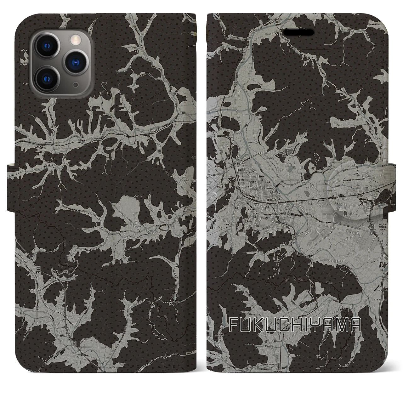 【福知山(京都府)】地図柄iPhoneケース(手帳タイプ)モノトーン・iPhone 11 Pro Max 用