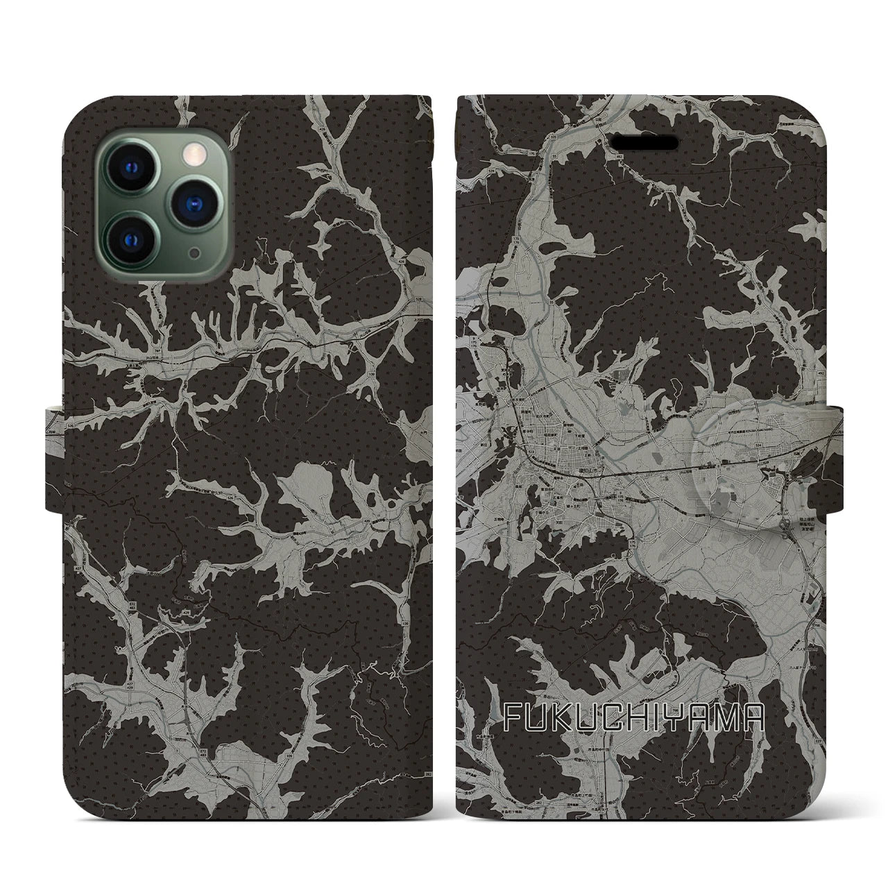 【福知山(京都府)】地図柄iPhoneケース(手帳タイプ)モノトーン・iPhone 11 Pro 用