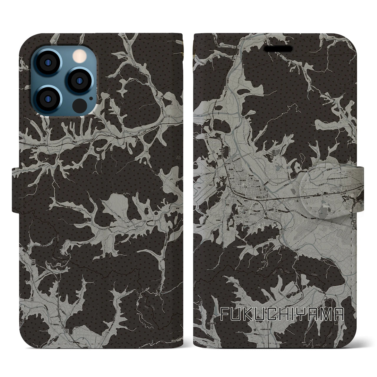 【福知山(京都府)】地図柄iPhoneケース(手帳タイプ)モノトーン・iPhone 12 / 12 Pro 用