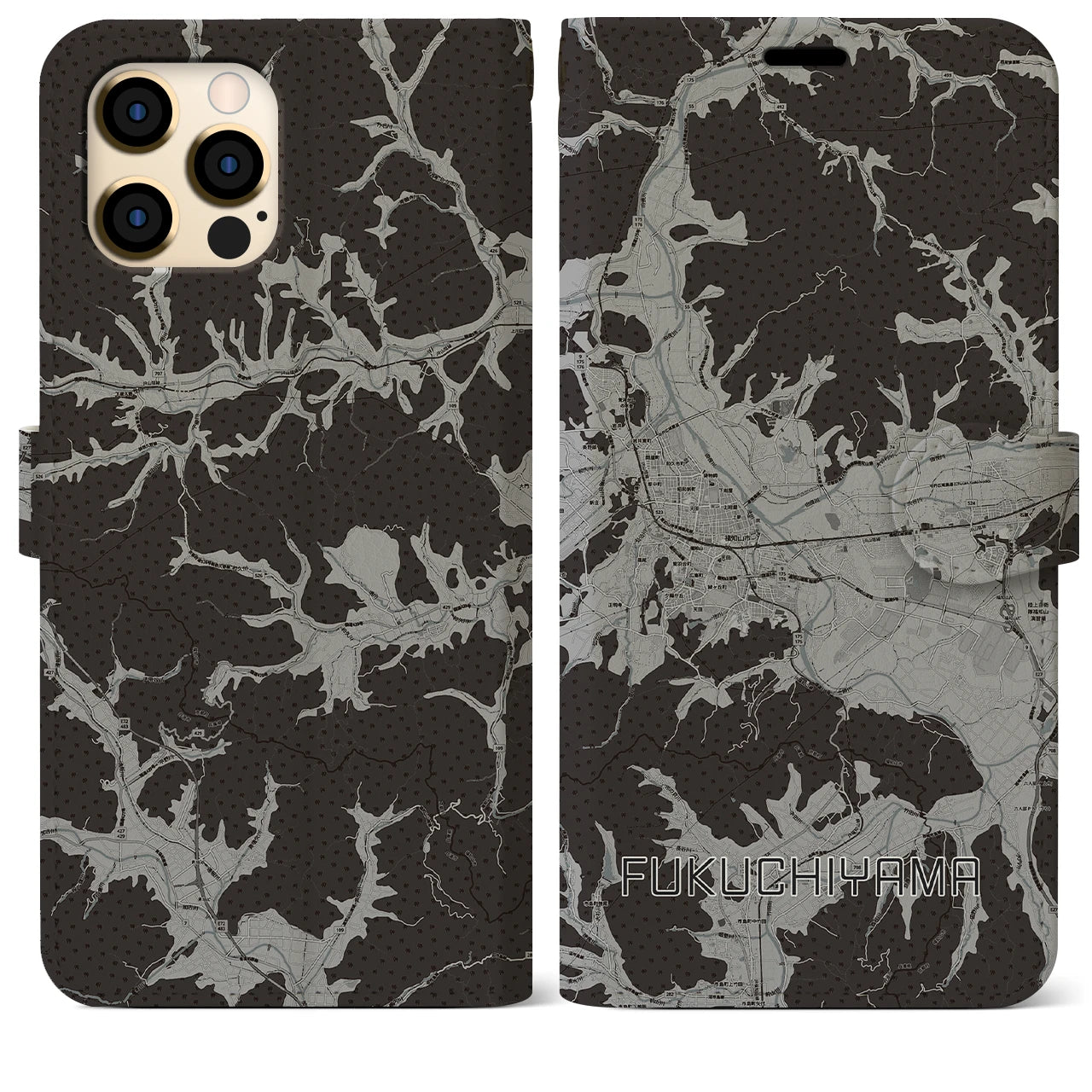 【福知山(京都府)】地図柄iPhoneケース(手帳タイプ)モノトーン・iPhone 12 Pro Max 用
