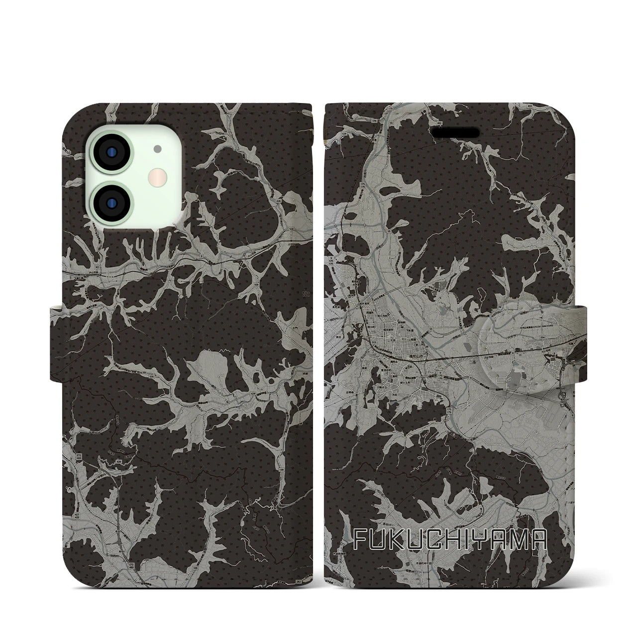 【福知山(京都府)】地図柄iPhoneケース(手帳タイプ)モノトーン・iPhone 12 mini 用