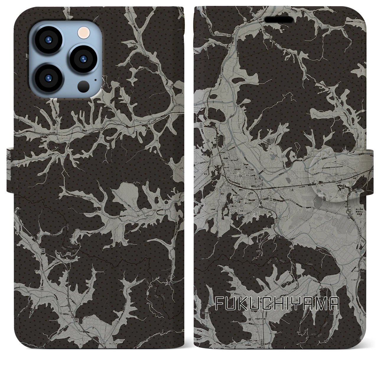 【福知山(京都府)】地図柄iPhoneケース(手帳タイプ)モノトーン・iPhone 13 Pro Max 用