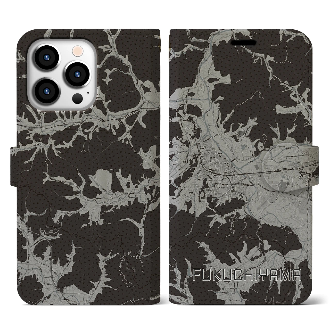 【福知山(京都府)】地図柄iPhoneケース(手帳タイプ)モノトーン・iPhone 13 Pro 用