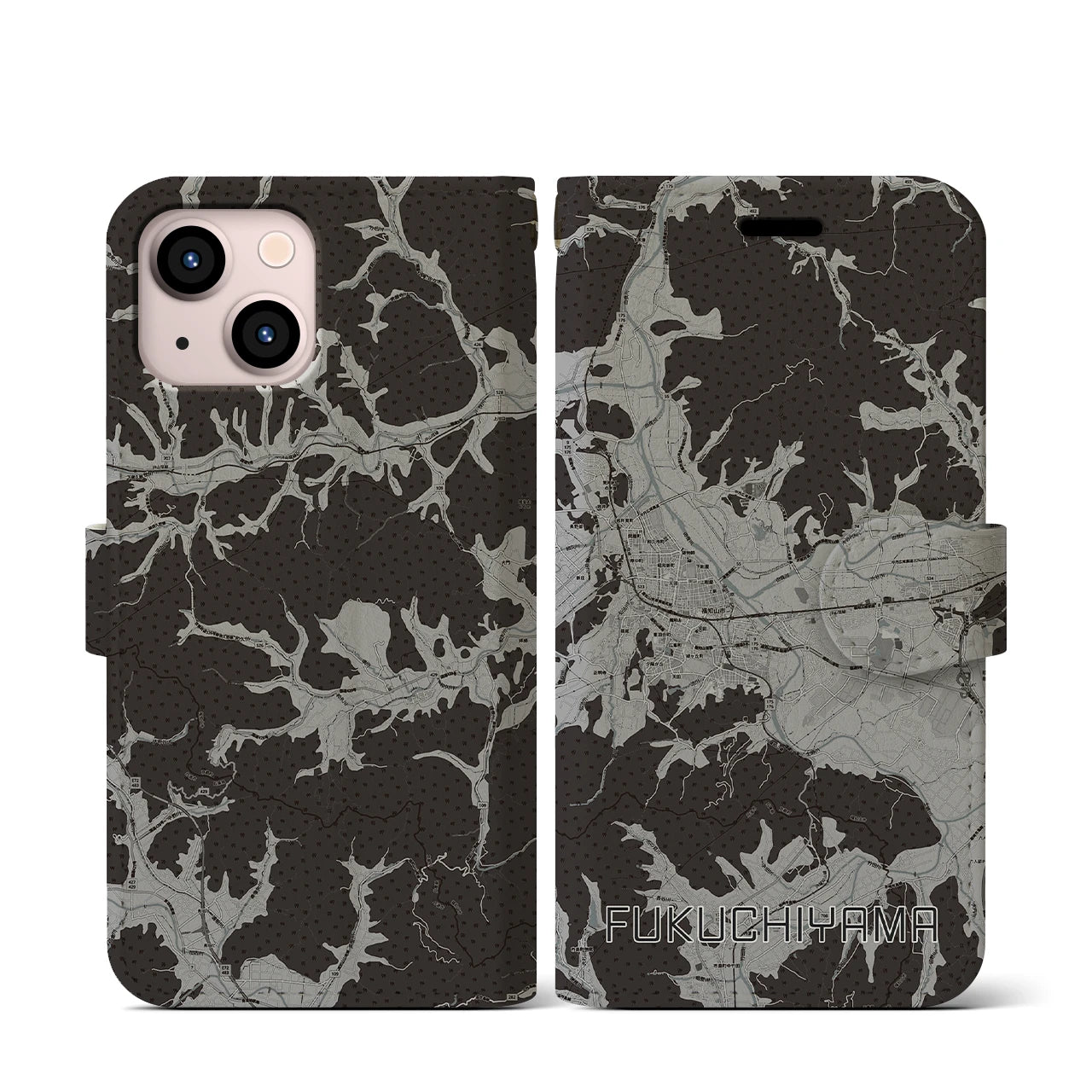 【福知山(京都府)】地図柄iPhoneケース(手帳タイプ)モノトーン・iPhone 13 mini 用