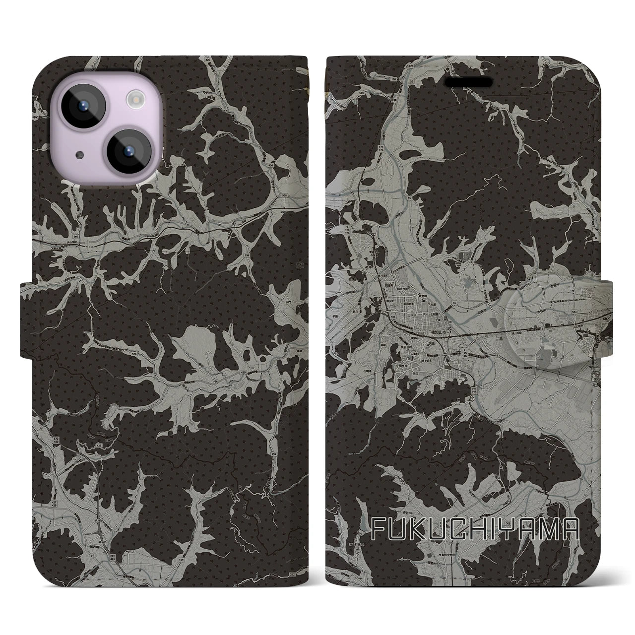 【福知山(京都府)】地図柄iPhoneケース(手帳タイプ)モノトーン・iPhone 14 用