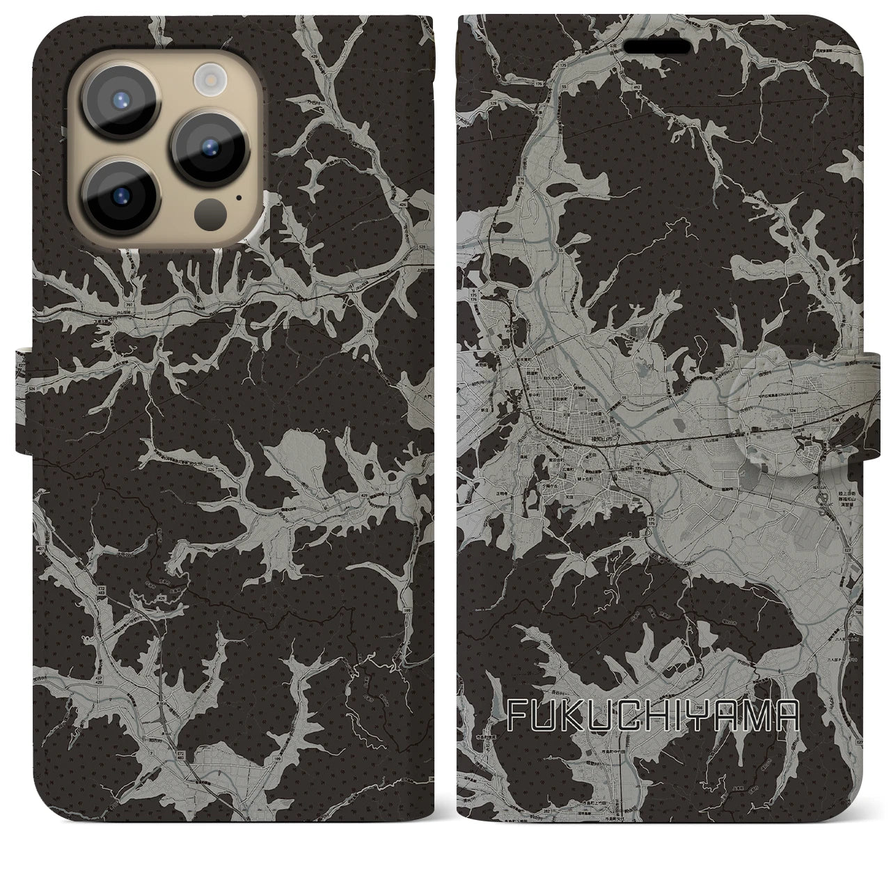 【福知山(京都府)】地図柄iPhoneケース(手帳タイプ)モノトーン・iPhone 14 Pro Max 用