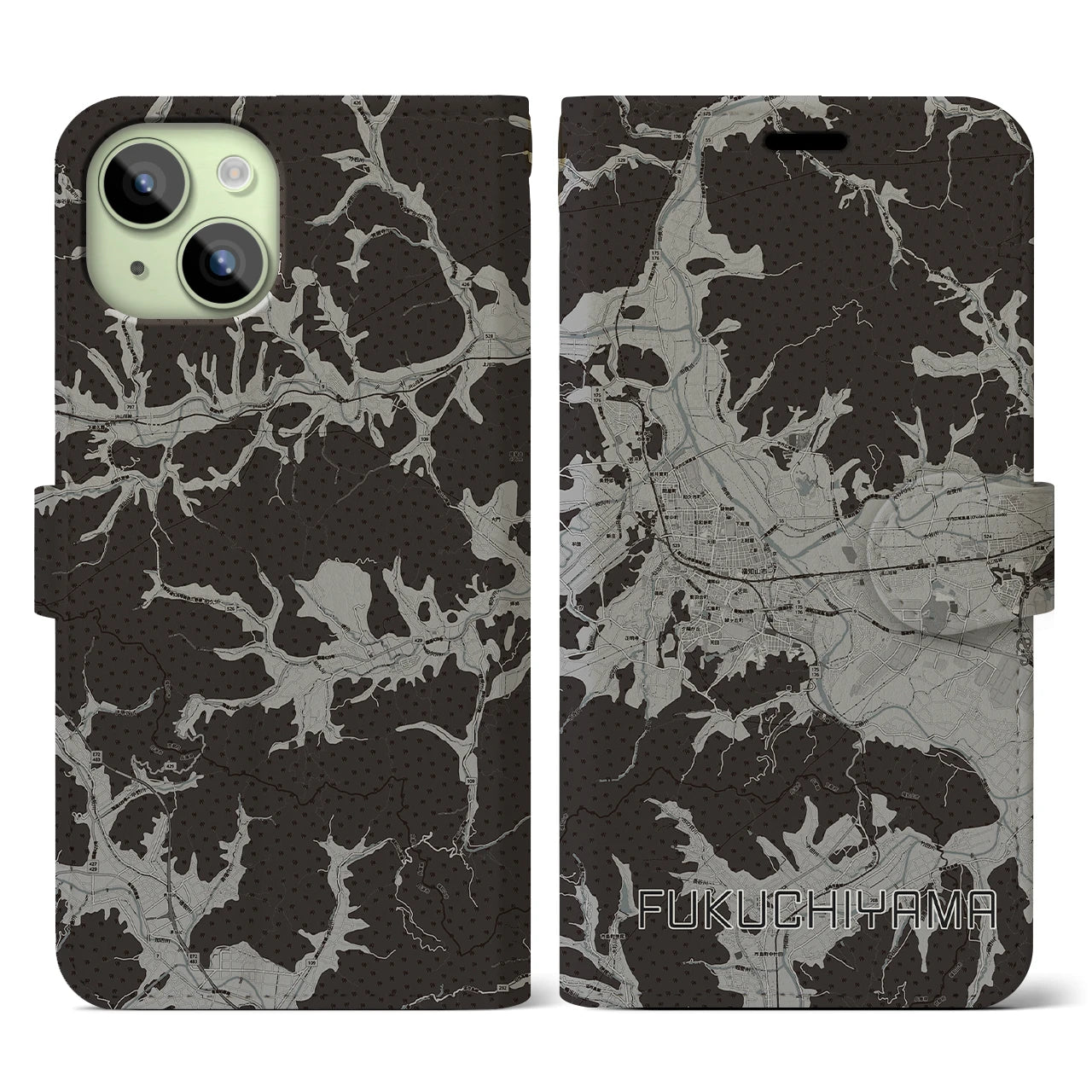 【福知山(京都府)】地図柄iPhoneケース(手帳タイプ)モノトーン・iPhone 15 用