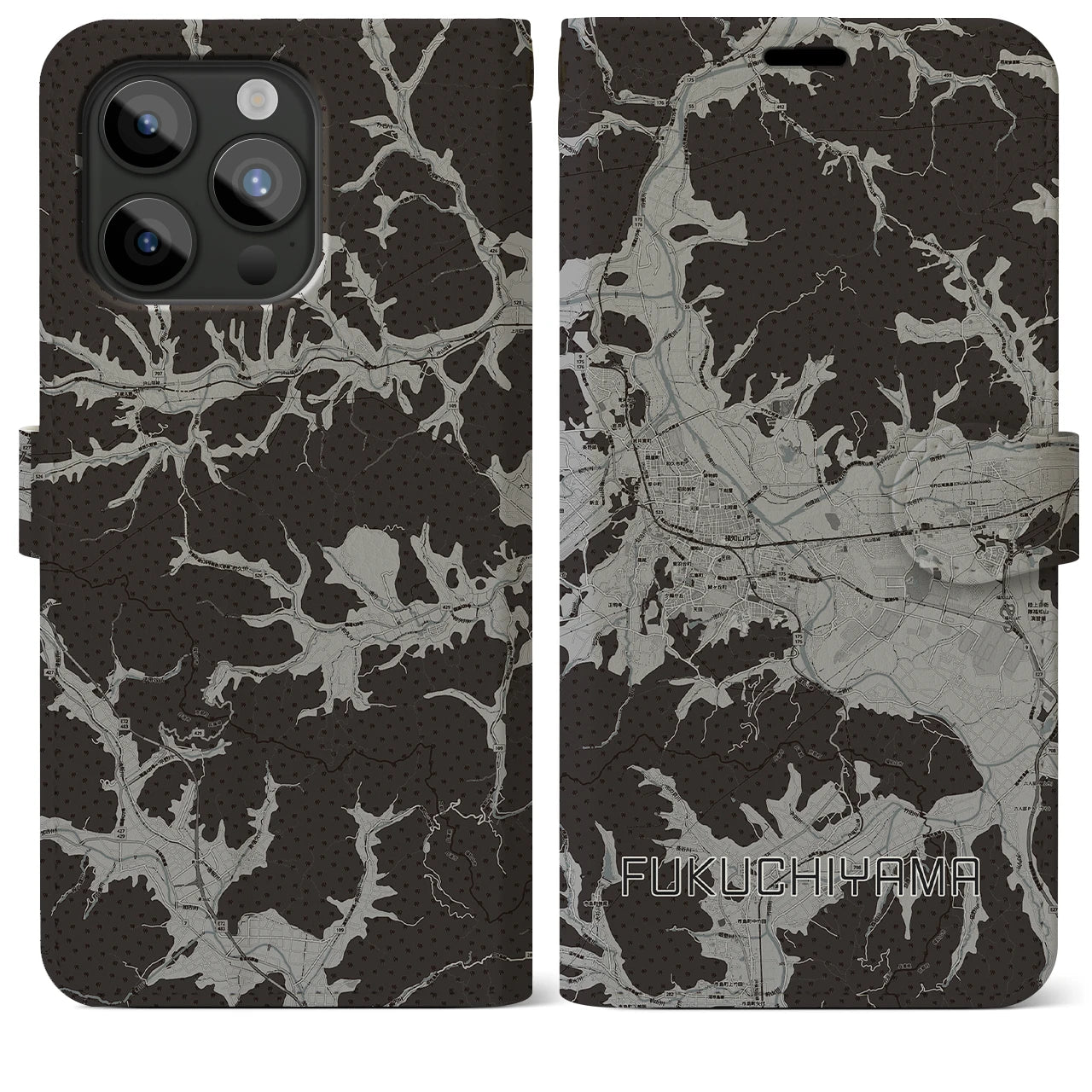 【福知山(京都府)】地図柄iPhoneケース(手帳タイプ)モノトーン・iPhone 15 Pro Max 用