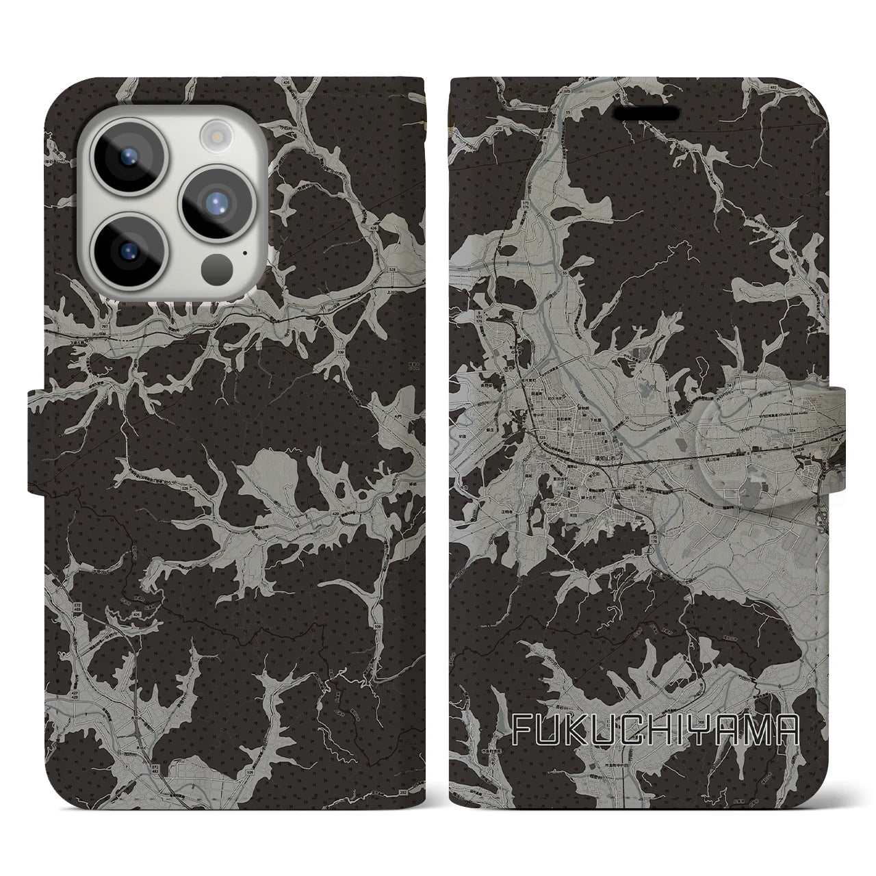【福知山(京都府)】地図柄iPhoneケース(手帳タイプ)モノトーン・iPhone 15 Pro 用