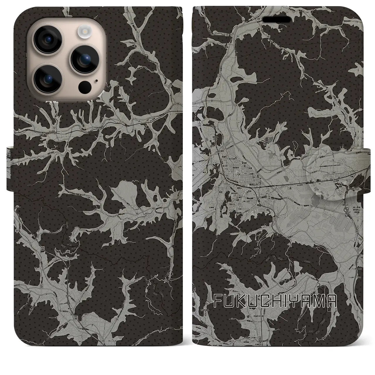 【福知山(京都府)】地図柄iPhoneケース(手帳タイプ)モノトーン・iPhone 16 Plus 用