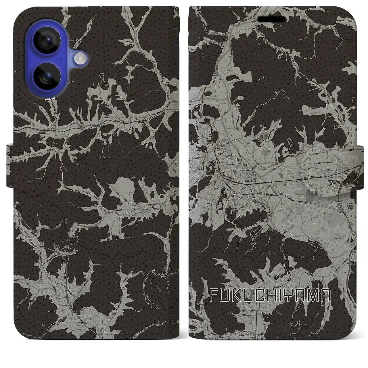 【福知山(京都府)】地図柄iPhoneケース(手帳タイプ)モノトーン・iPhone 16 Pro Max 用