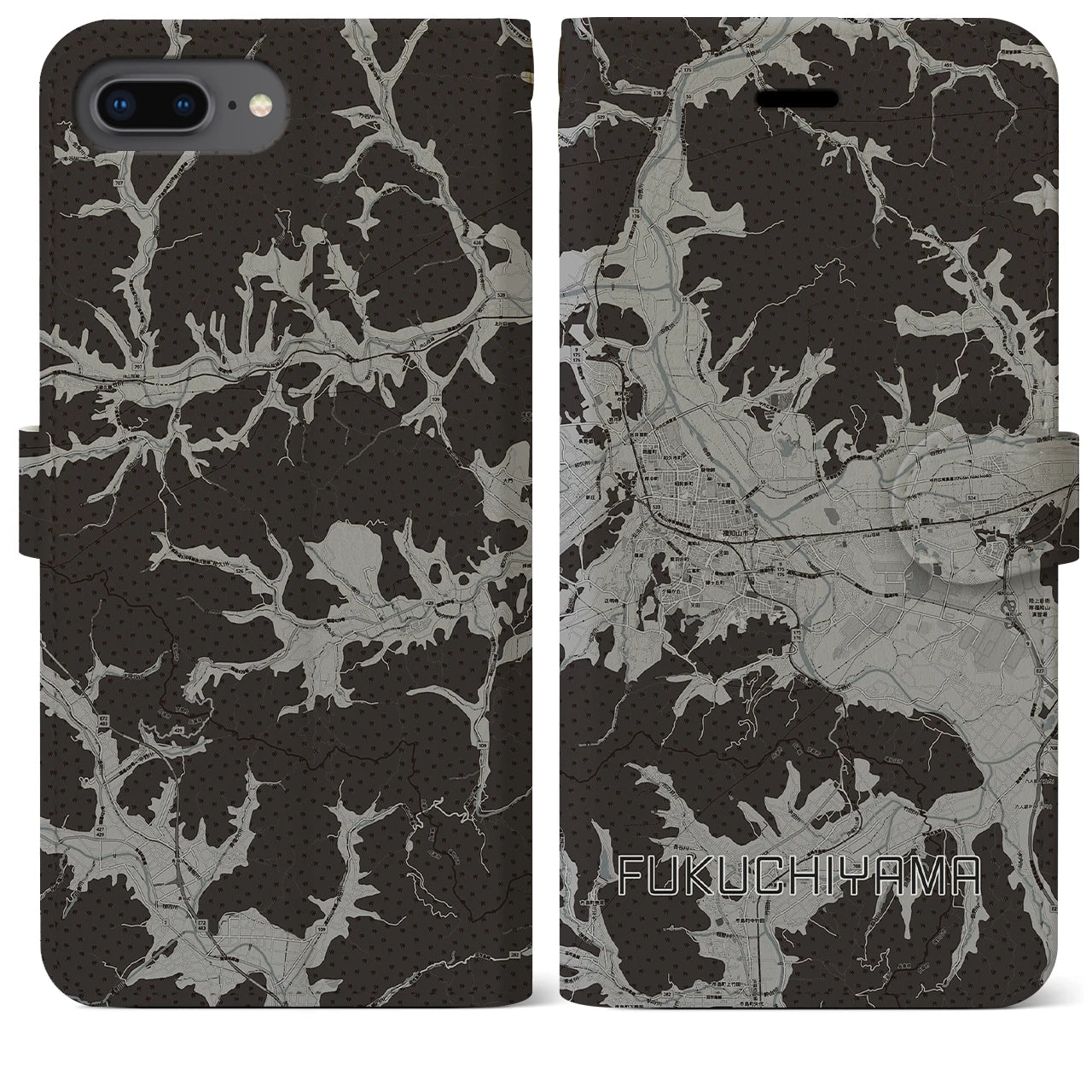 【福知山(京都府)】地図柄iPhoneケース(手帳タイプ)モノトーン・iPhone 8Plus /7Plus / 6sPlus / 6Plus 用
