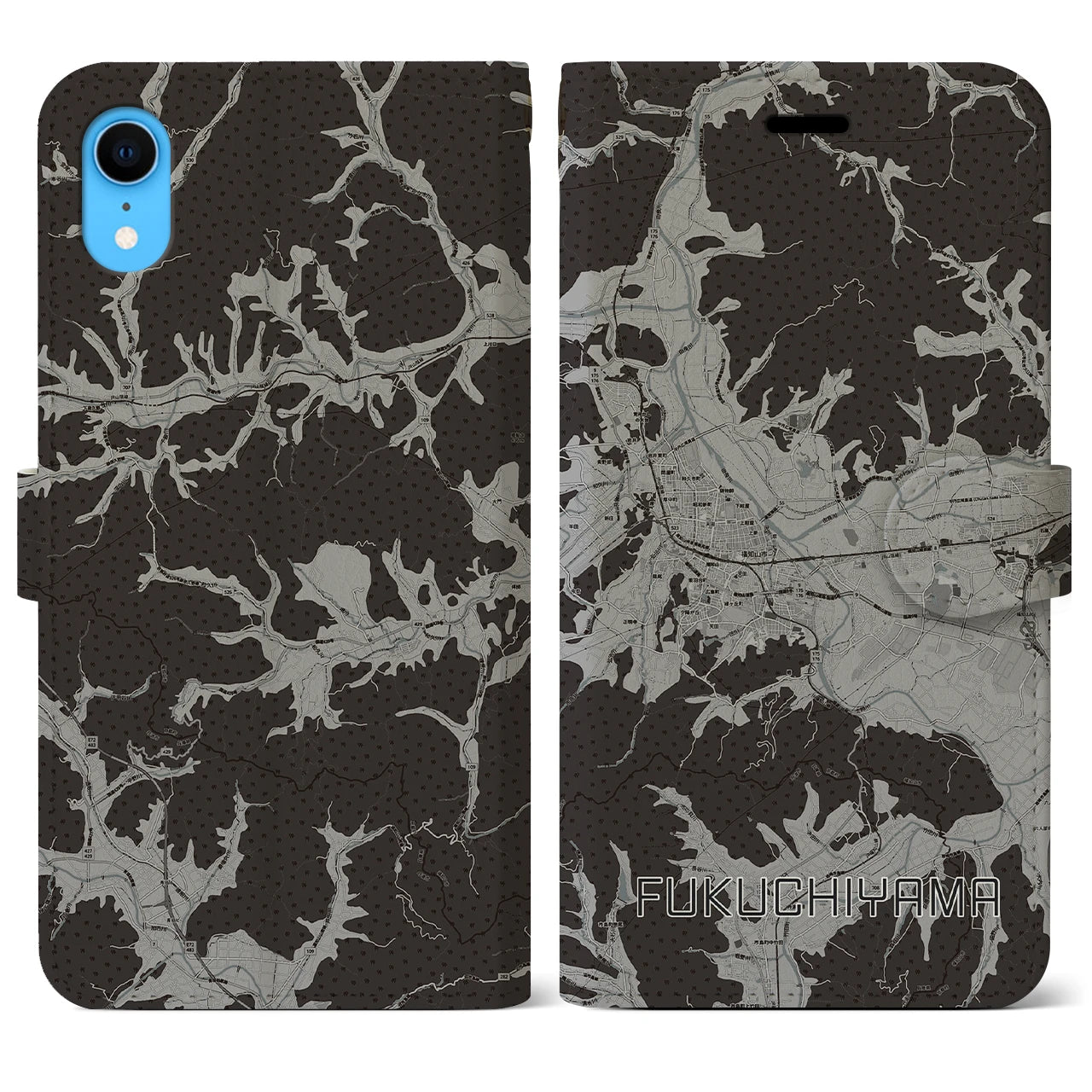 【福知山(京都府)】地図柄iPhoneケース(手帳タイプ)モノトーン・iPhone XR 用
