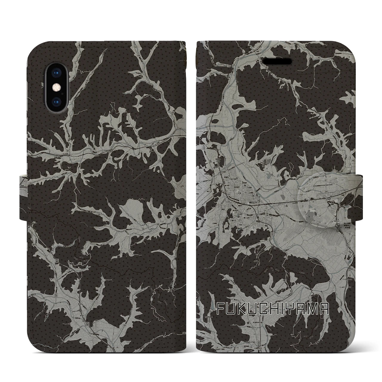 【福知山(京都府)】地図柄iPhoneケース(手帳タイプ)モノトーン・iPhone XS / X 用