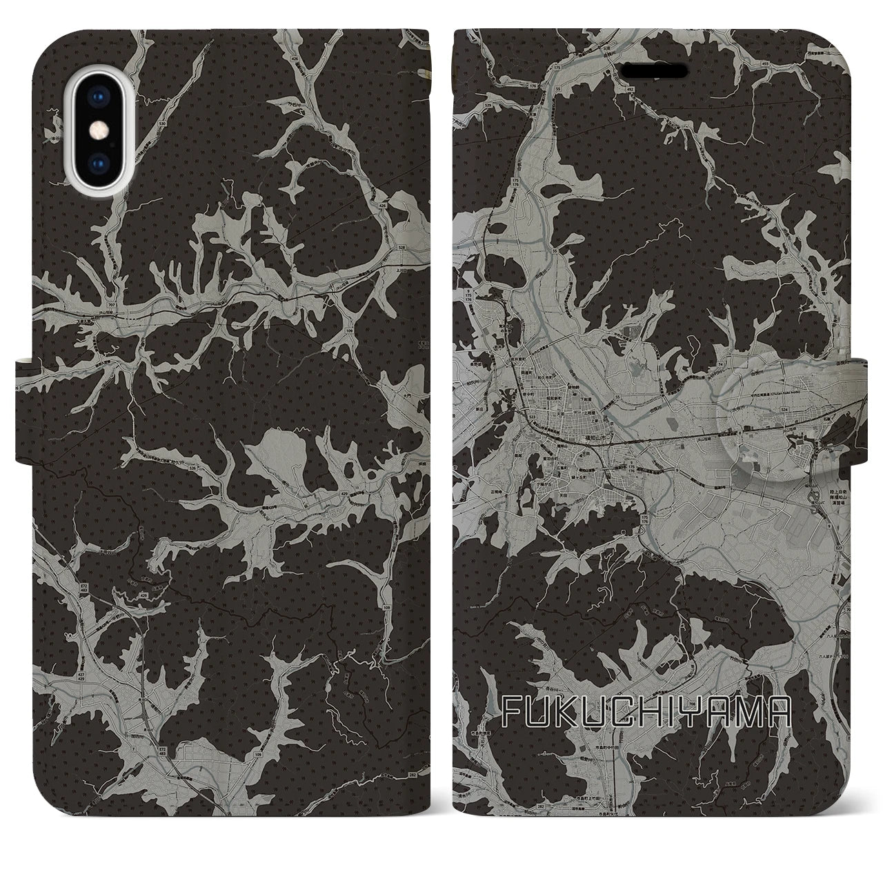 【福知山(京都府)】地図柄iPhoneケース(手帳タイプ)モノトーン・iPhone XS Max 用