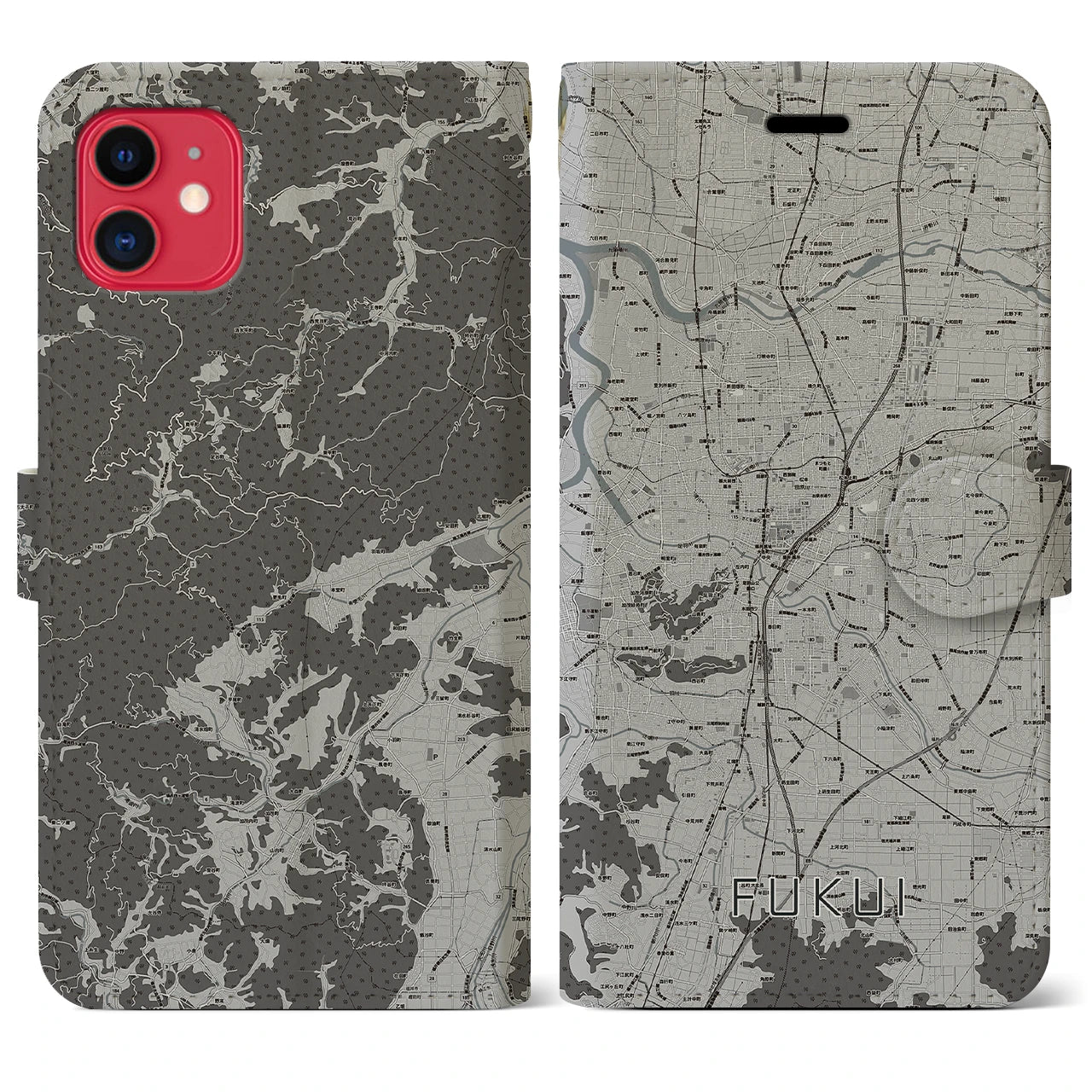 【福井(福井県)】地図柄iPhoneケース(手帳タイプ)モノトーン・iPhone 11 用