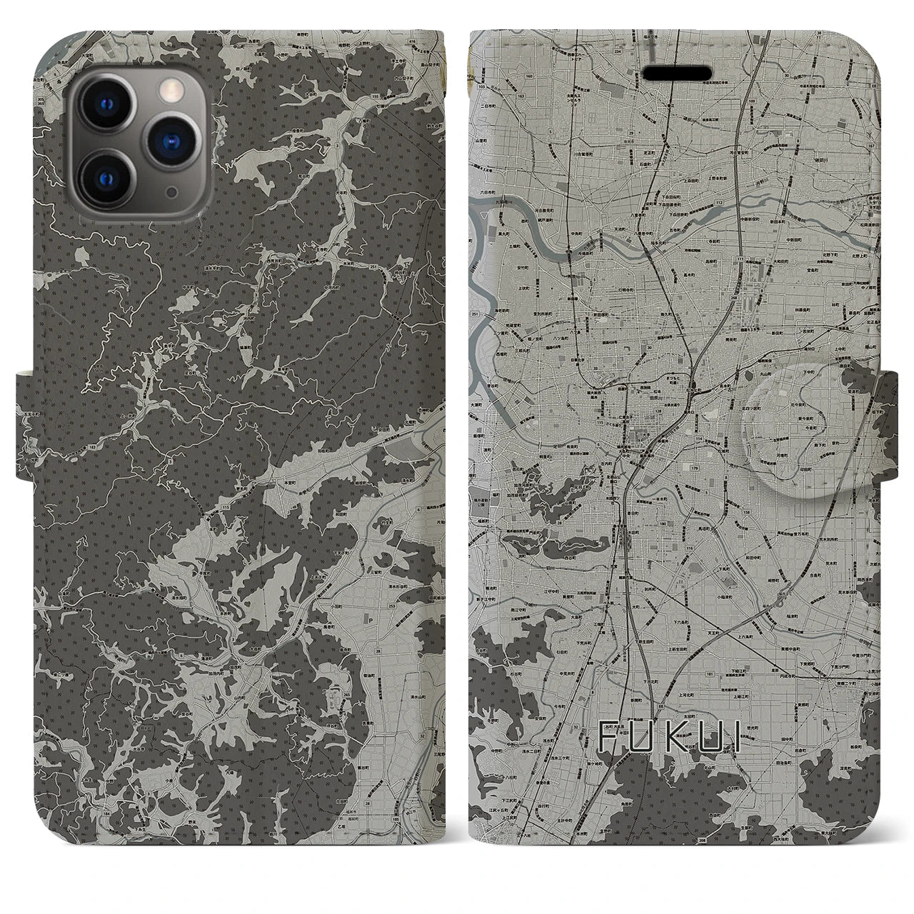 【福井(福井県)】地図柄iPhoneケース(手帳タイプ)モノトーン・iPhone 11 Pro Max 用