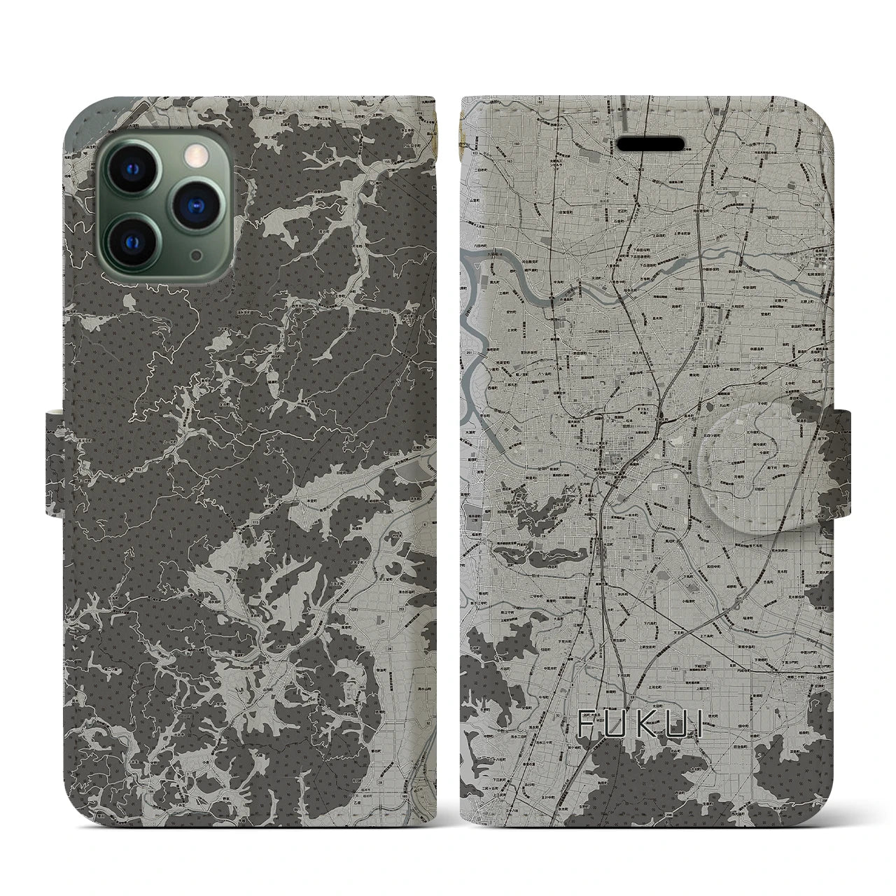 【福井(福井県)】地図柄iPhoneケース(手帳タイプ)モノトーン・iPhone 11 Pro 用