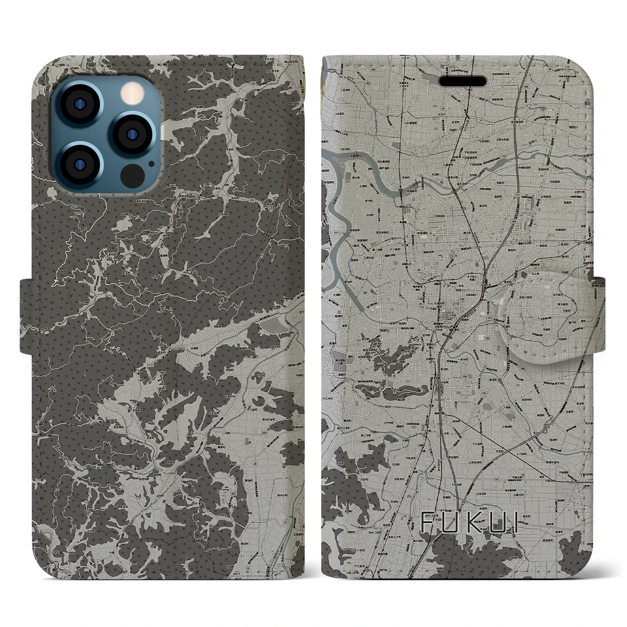 【福井(福井県)】地図柄iPhoneケース(手帳タイプ)モノトーン・iPhone 12 / 12 Pro 用