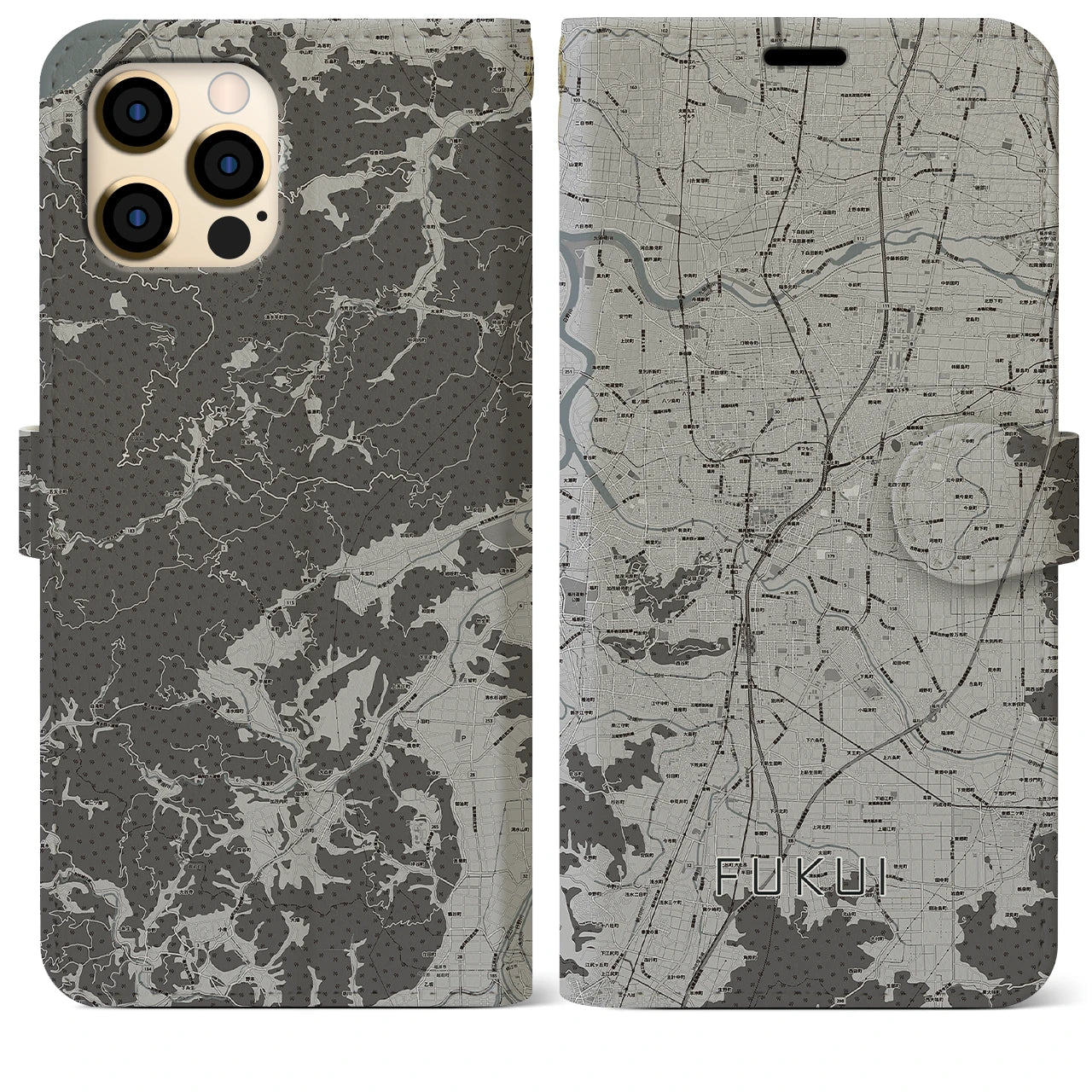 【福井(福井県)】地図柄iPhoneケース(手帳タイプ)モノトーン・iPhone 12 Pro Max 用