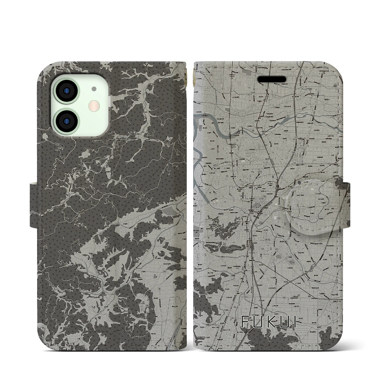 【福井(福井県)】地図柄iPhoneケース(手帳タイプ)モノトーン・iPhone 12 mini 用