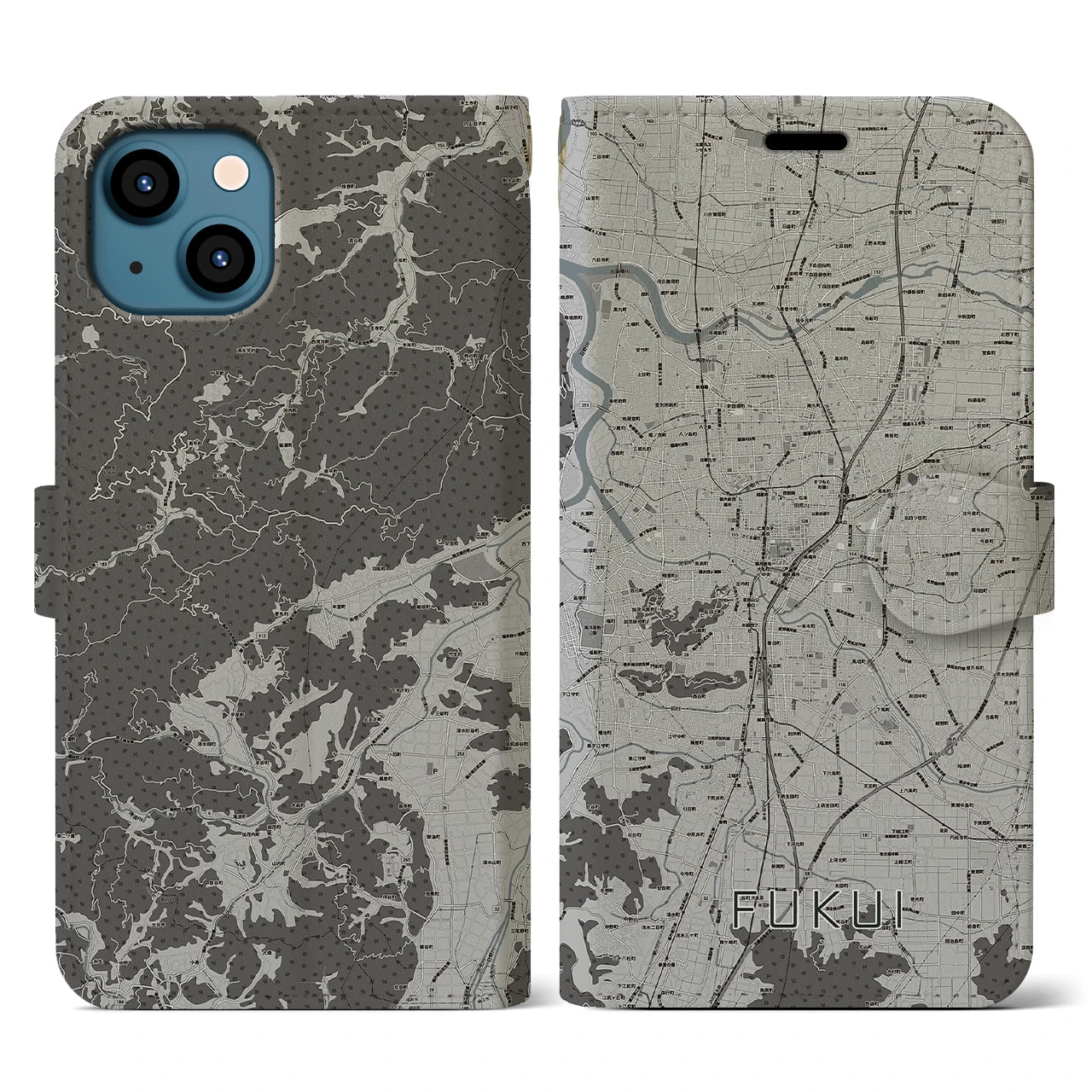 【福井(福井県)】地図柄iPhoneケース(手帳タイプ)モノトーン・iPhone 13 用