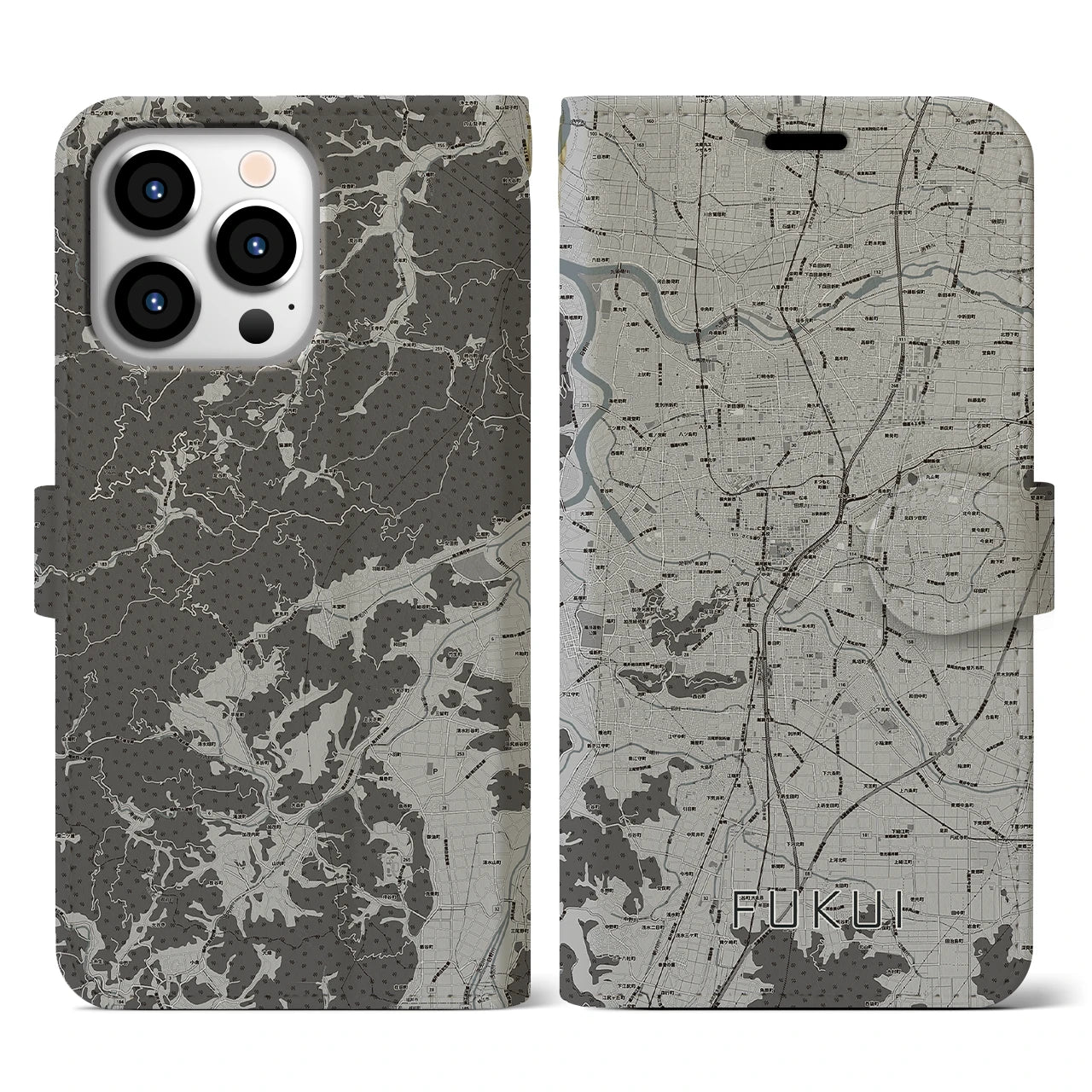 【福井(福井県)】地図柄iPhoneケース(手帳タイプ)モノトーン・iPhone 13 Pro 用