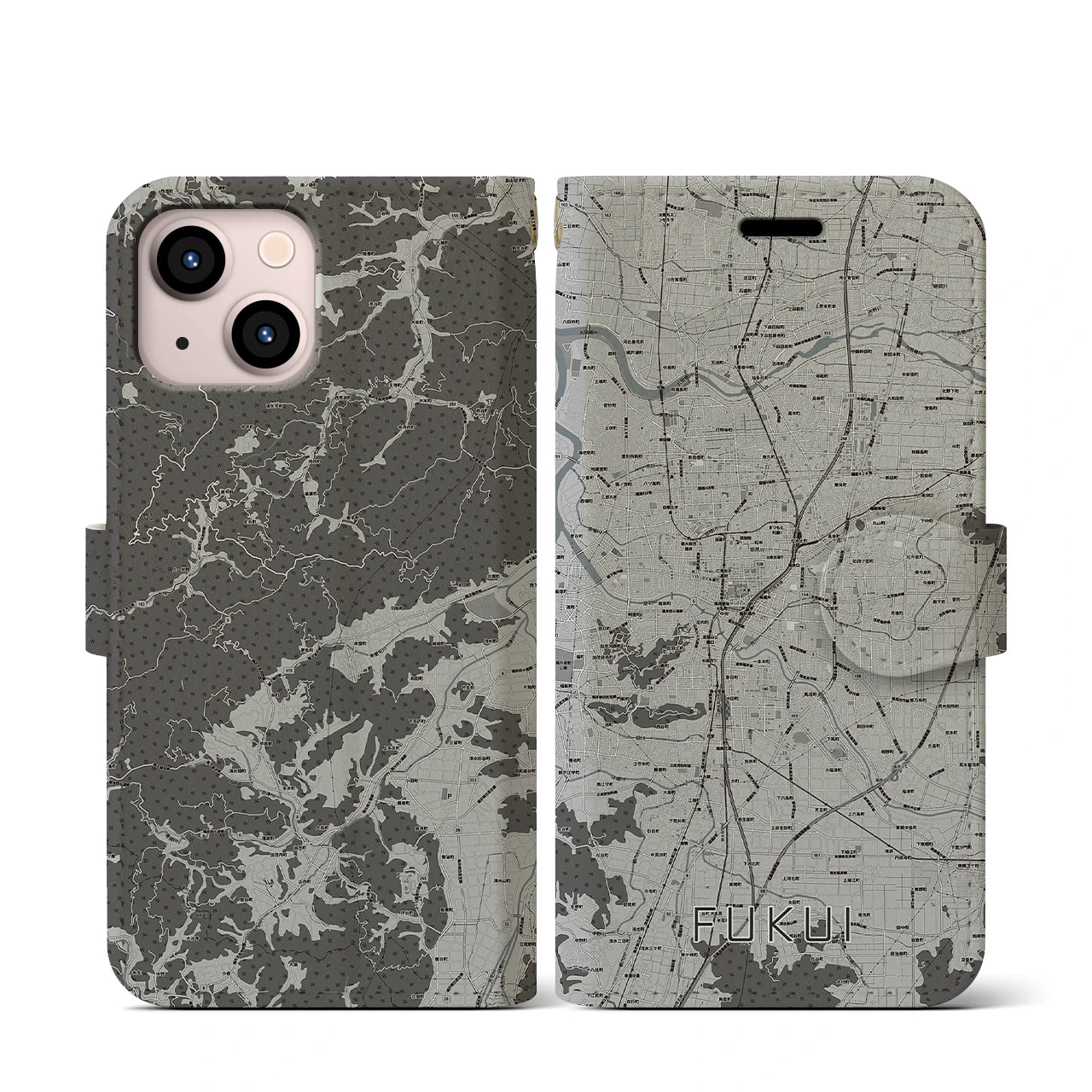 【福井(福井県)】地図柄iPhoneケース(手帳タイプ)モノトーン・iPhone 13 mini 用