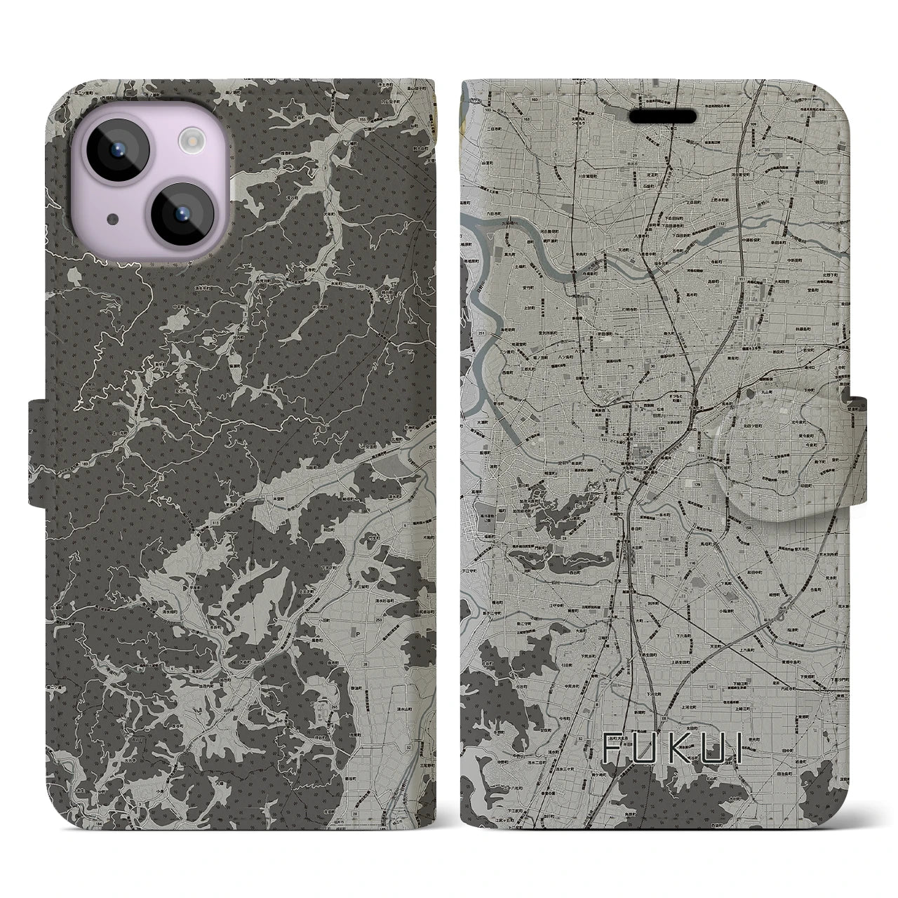 【福井(福井県)】地図柄iPhoneケース(手帳タイプ)モノトーン・iPhone 14 用