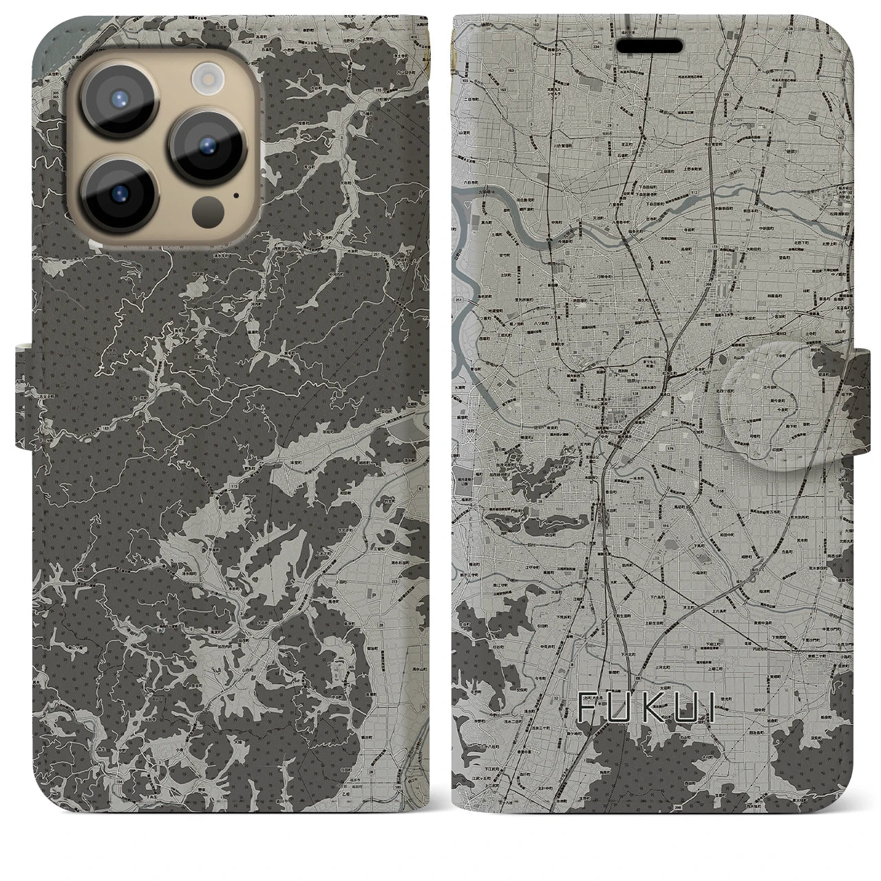 【福井(福井県)】地図柄iPhoneケース(手帳タイプ)モノトーン・iPhone 14 Pro Max 用