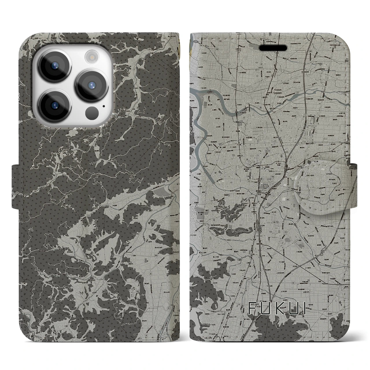 【福井(福井県)】地図柄iPhoneケース(手帳タイプ)モノトーン・iPhone 14 Pro 用