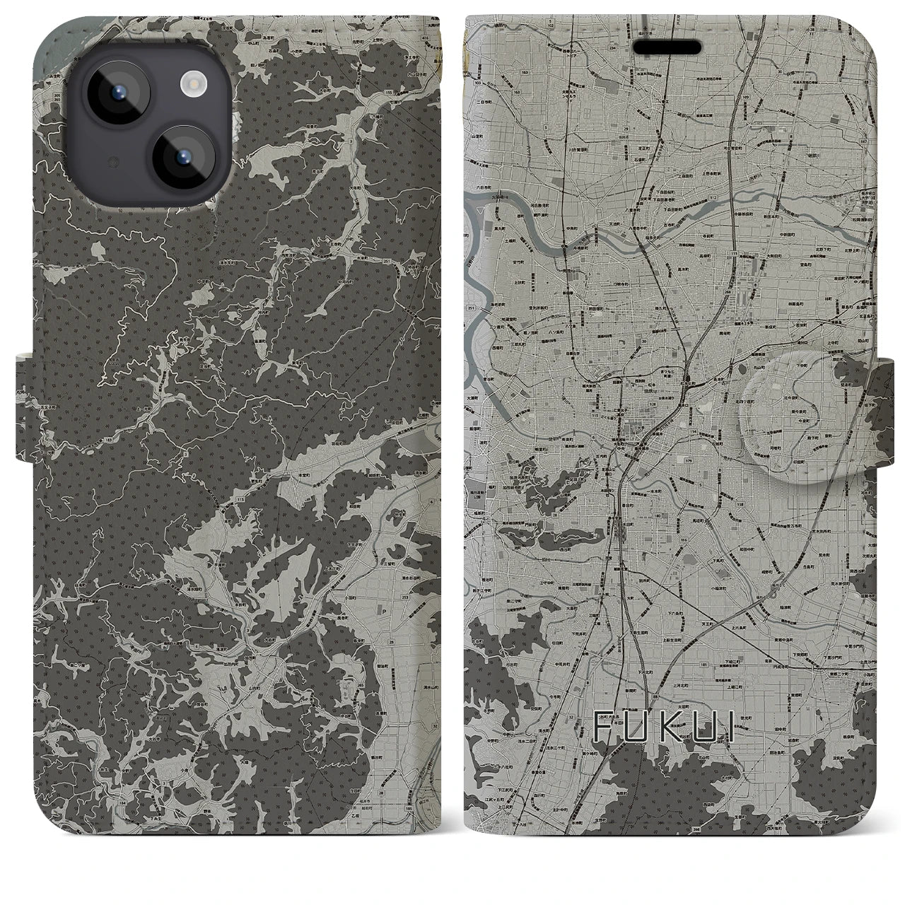 【福井(福井県)】地図柄iPhoneケース(手帳タイプ)モノトーン・iPhone 14 Plus 用