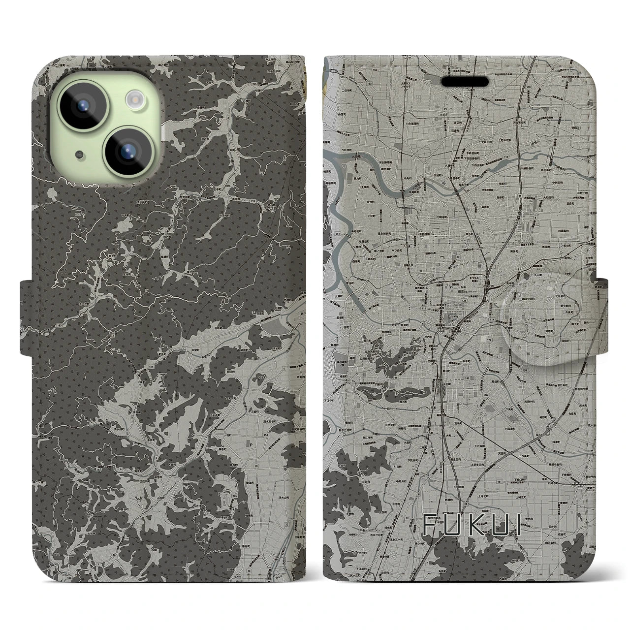 【福井(福井県)】地図柄iPhoneケース(手帳タイプ)モノトーン・iPhone 15 用