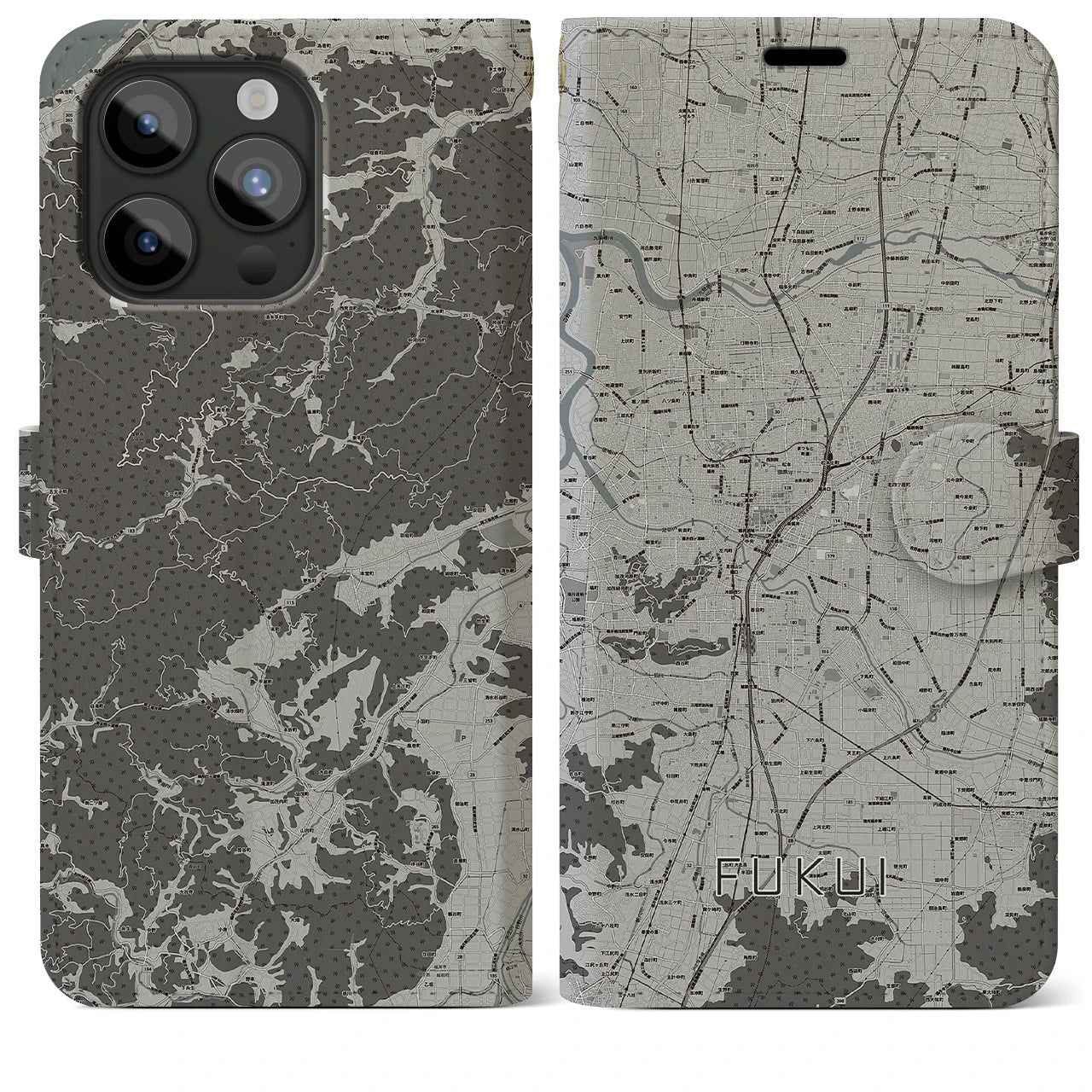 【福井(福井県)】地図柄iPhoneケース(手帳タイプ)モノトーン・iPhone 15 Pro Max 用