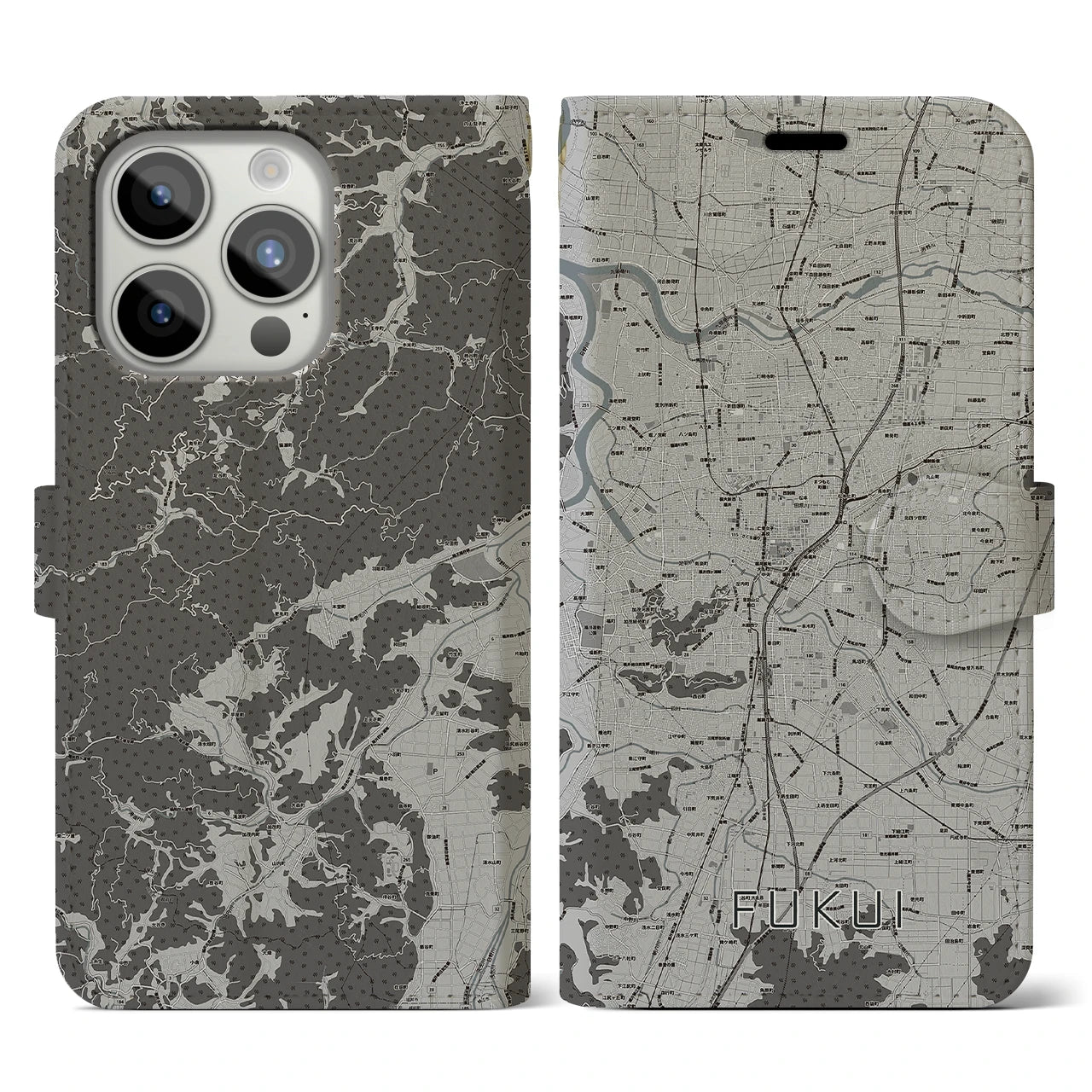 【福井(福井県)】地図柄iPhoneケース(手帳タイプ)モノトーン・iPhone 15 Pro 用