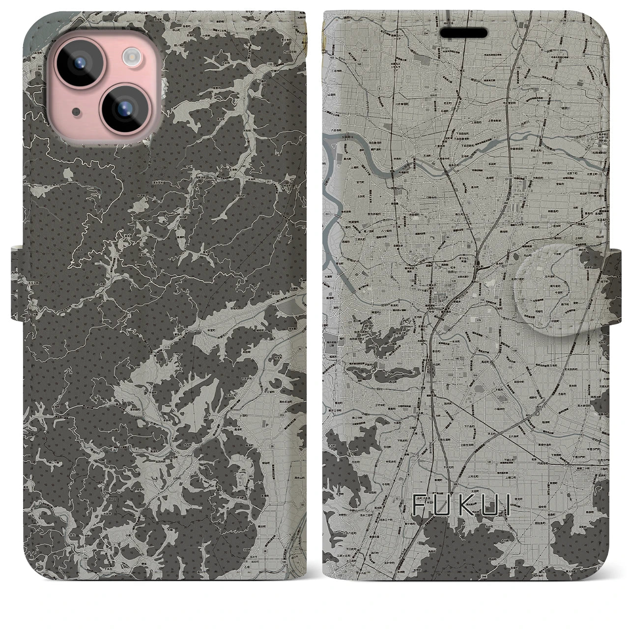 【福井(福井県)】地図柄iPhoneケース(手帳タイプ)モノトーン・iPhone 15 Plus 用