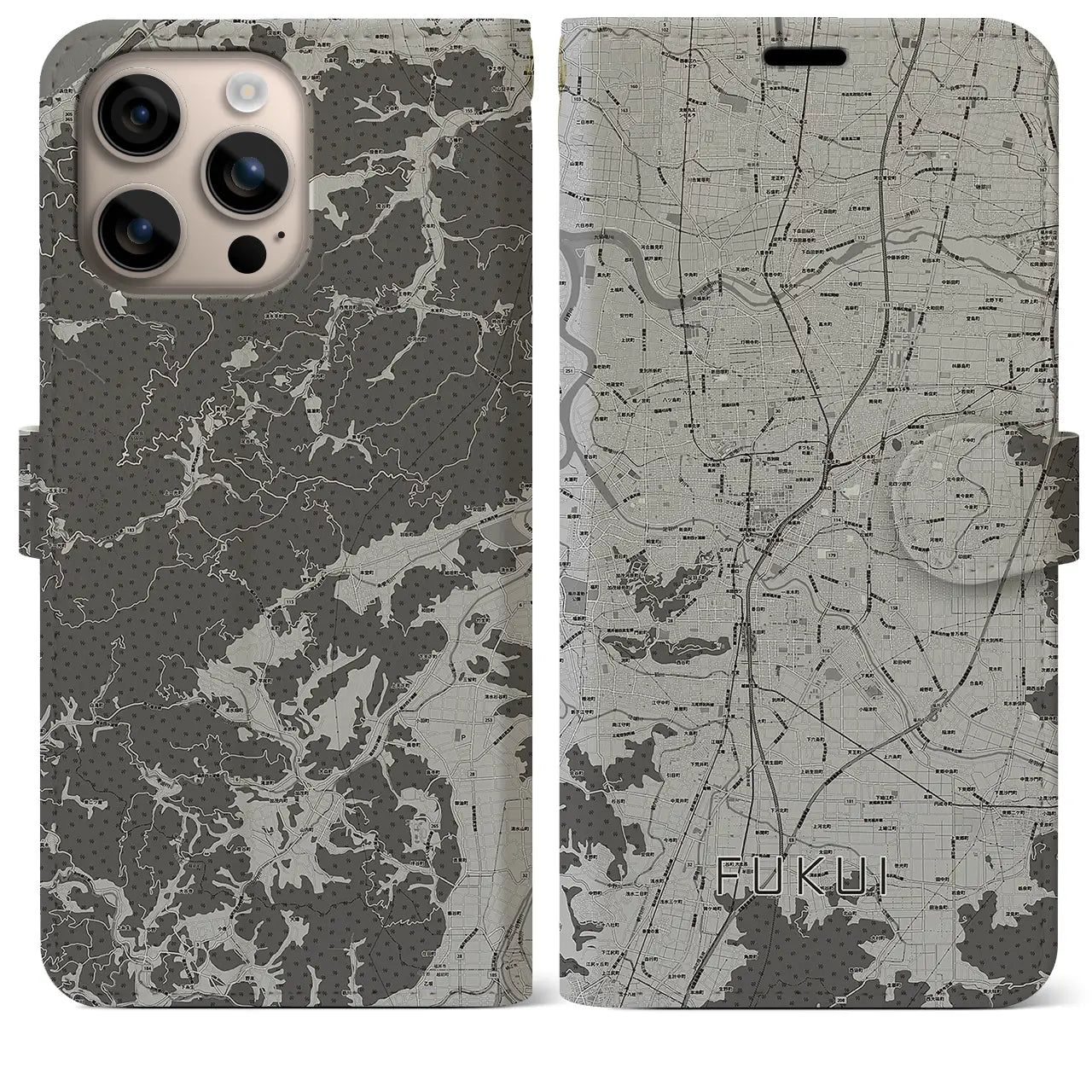 【福井(福井県)】地図柄iPhoneケース(手帳タイプ)モノトーン・iPhone 16 Plus 用