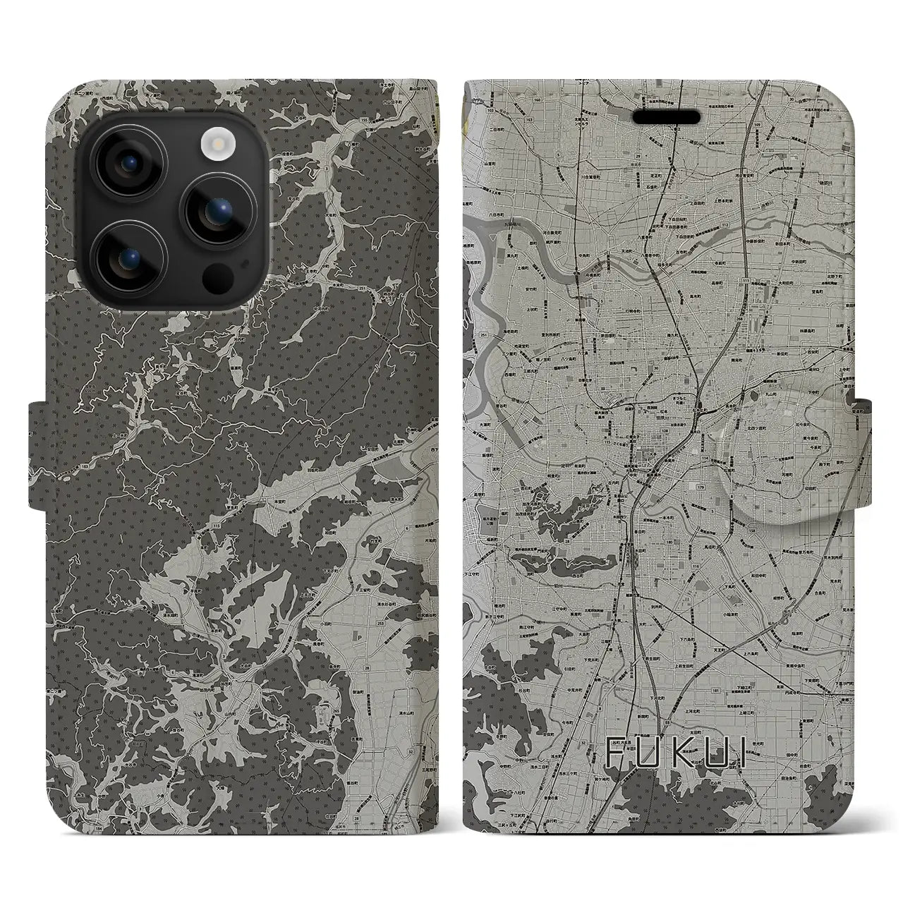 【福井(福井県)】地図柄iPhoneケース(手帳タイプ)モノトーン・iPhone 16 用