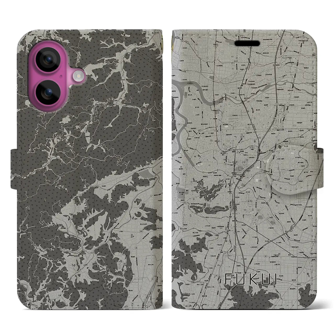 【福井(福井県)】地図柄iPhoneケース(手帳タイプ)モノトーン・iPhone 16 Pro 用